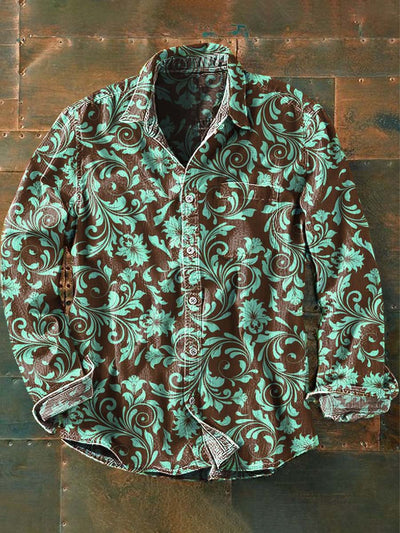 Men's Vintage Western Print Casual Long Sleeve Shirt