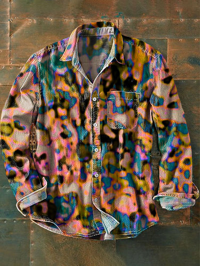 Unisex Vintage Abstract Colorful Light Art Printed Cotton Lapel Long Sleeve Pocket Shirt