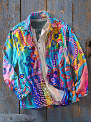 Men's Vintage Colorful Irregular Abstract Art Print Soft Lapel Long Sleeve Pocket Shirt