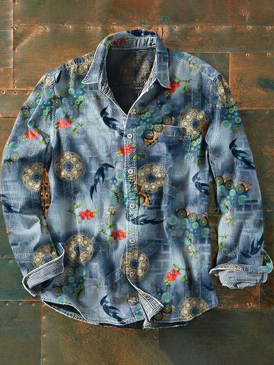 Men's Vintage Feather Totem Print Casual Long Sleeve Shirt