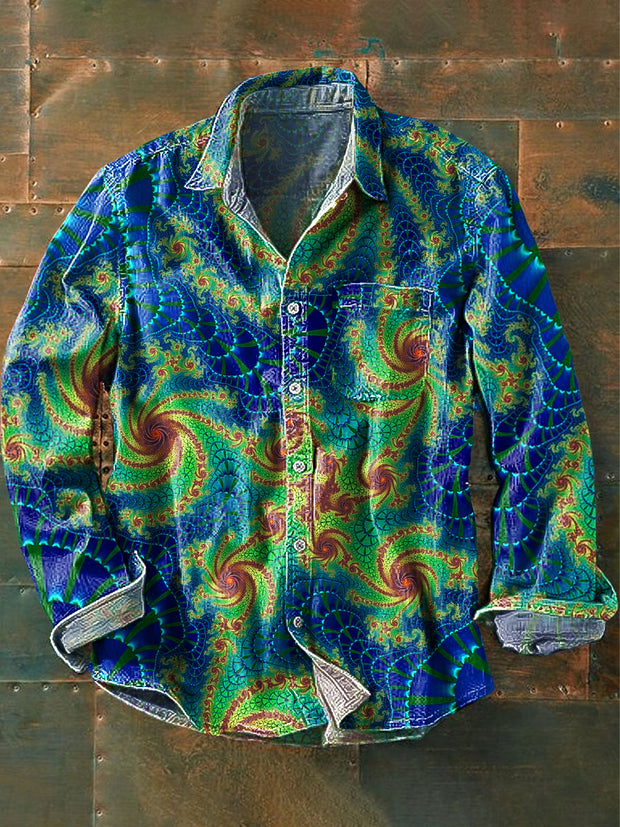 Men's Vintage Abstract Line Spiral Art Print Lapel Long Sleeve Pocket Shirt