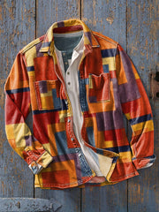 Men's Vintage Colorful Irregular Geometric Art Print Soft Lapel Long Sleeve Pocket Shirt