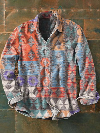 Men's Retro Irregular Pattern Printed Casual Long Sleeve Shirt