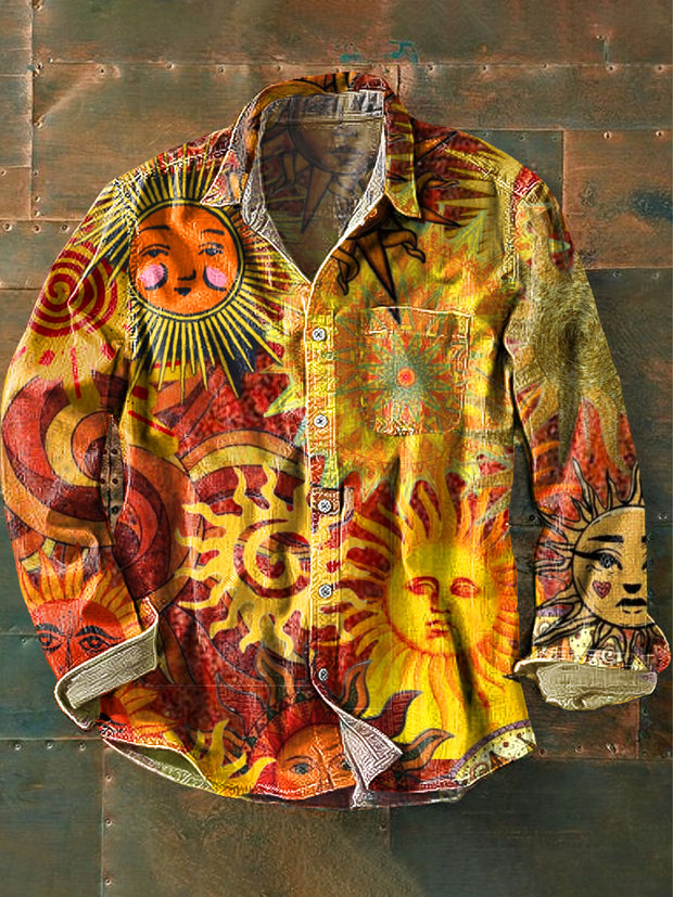 Men's Vintage Abstract Sun God Patchwork Art Print Lapel Long Sleeve Pocket Shirt