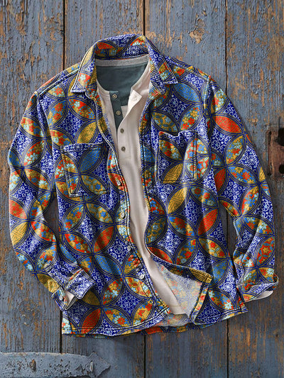 Men's Vintage Colorful Quatrefoil Flower Art Print Soft Lapel Long Sleeve Pocket Shirt