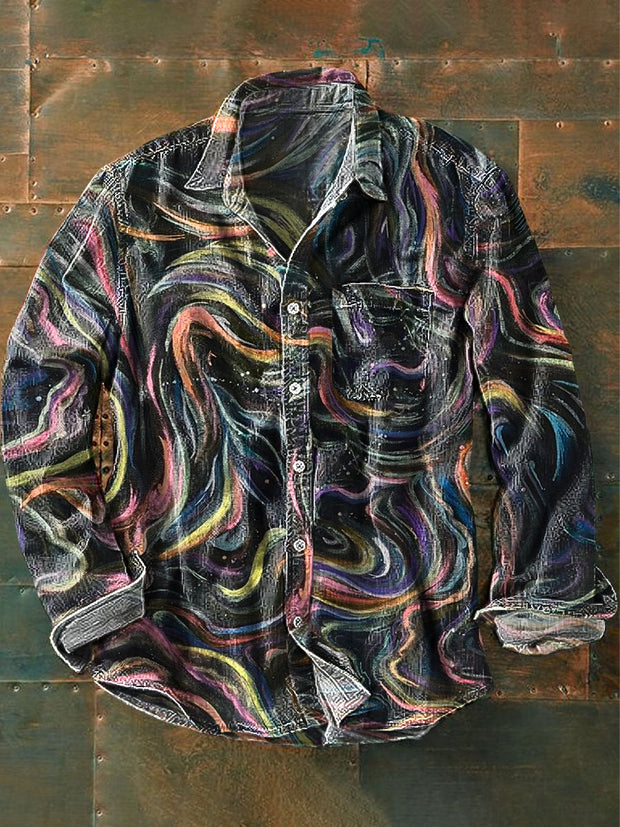 Unisex Vintage Colorful Line Ripple Abstract Art Print Cotton Lapel Long Sleeve Pocket Shirt