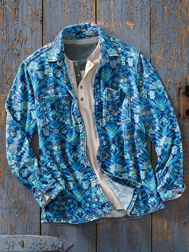 Men's Vintage Ethnic Blue Floral Art Print Soft Lapel Long Sleeve Pocket Shirt