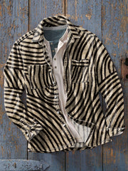 Men's Vintage Irregular Line Art Print Soft Lapel Long Sleeve Pocket Shirt