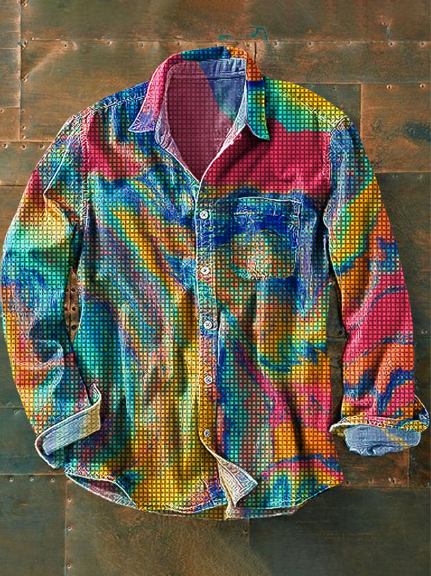 Unisex Vintage Neon Textured Mosaic Art Print Cotton Lapel Long Sleeve Pocket Shirt