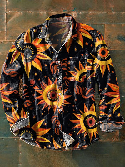 Men's Vintage Dark Sunflower Abstract Art Print Lapel Long Sleeve Pocket Shirt