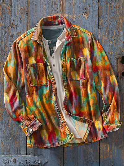 Men's Vintage Rainbow Color Paint Swoosh Art Print Soft Lapel Long Sleeve Pocket Shirt