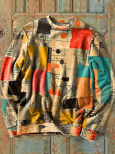 Men's Retro Classic Colorful Geometric Line Art Print Crew Neck Sweatshirt