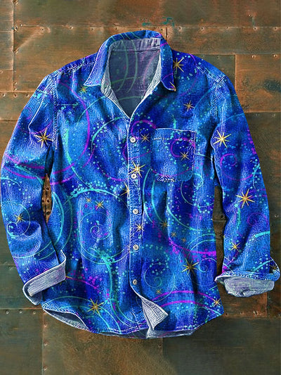 Men's Vintage Abstract Star Art Print Lapel Long Sleeve Pocket Shirt