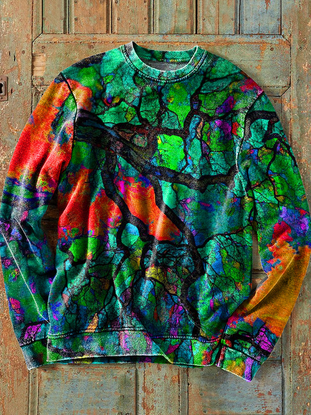 Men's Vintage Abstract Colorful Tree Branch Art Print Cotton Crew Neck Sweatshirt