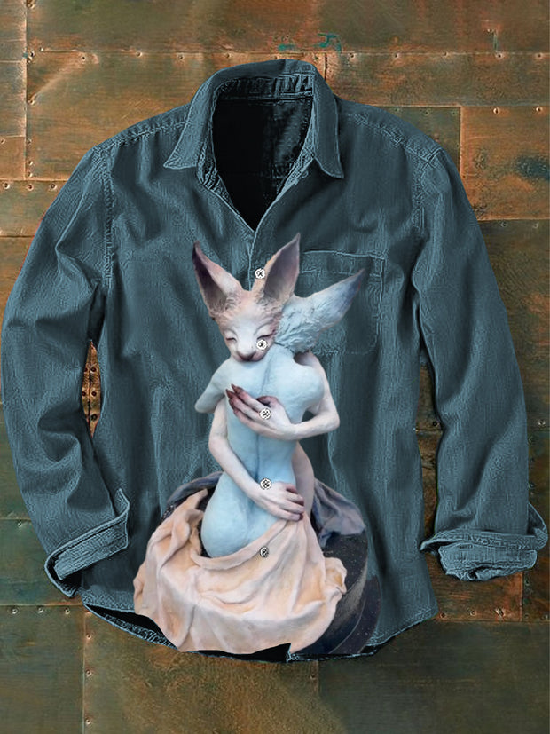 Men's Vintage Punk Fox Statue Humanity Print Casual Long Sleeve Shirt