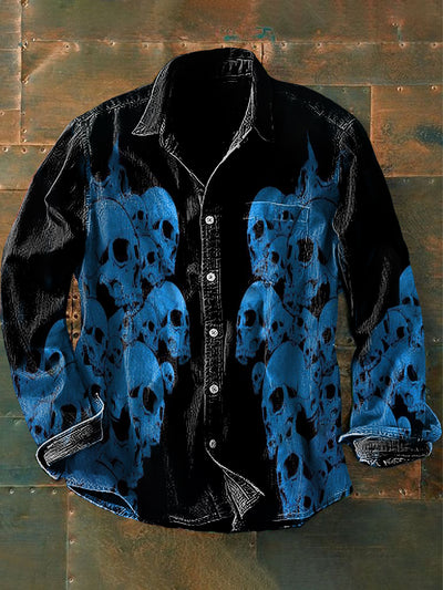 Men's  Vintage Abstract Graffiti Blue Skull Print Casual Long Sleeve Shirt