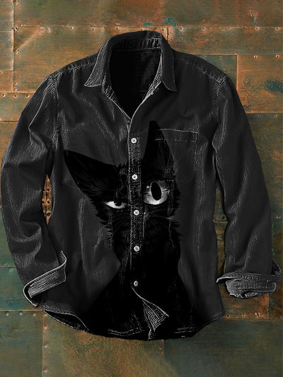 Men's Vintage Punk Dark Cat Art Print Casual Long Sleeve Shirt