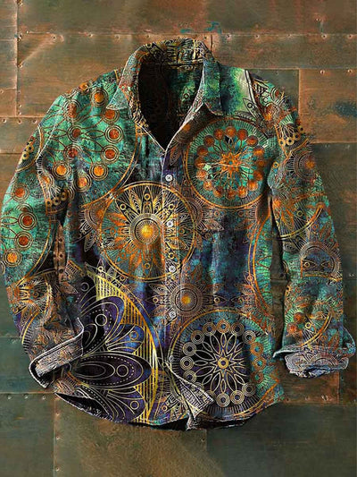 Unisex Men's Vintage Multicolor Gradient Mandala Abstract Print Casual Long Sleeve Shirt