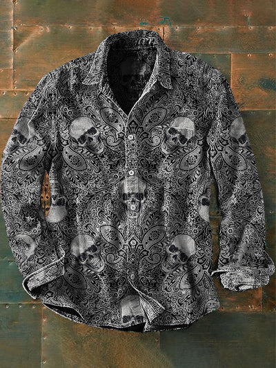 Unisex Men's Vintage Gothic Abstract Skull Print Casual Long Sleeve Shirt