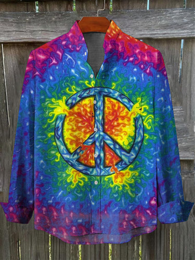 Men's Vintage Psychedelic Hippie Peace Art Print Pocket Long Sleeve Cotton Linen Shirt