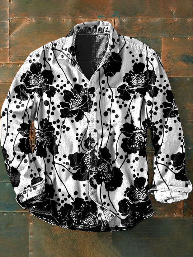 Men's  Vintage Polka Dot Floral Pattern Print Casual Long Sleeve Shirt