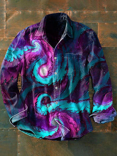 Unisex Men's Vintage Purple Blue Ripple Abstract Print Casual Long Sleeve Shirt