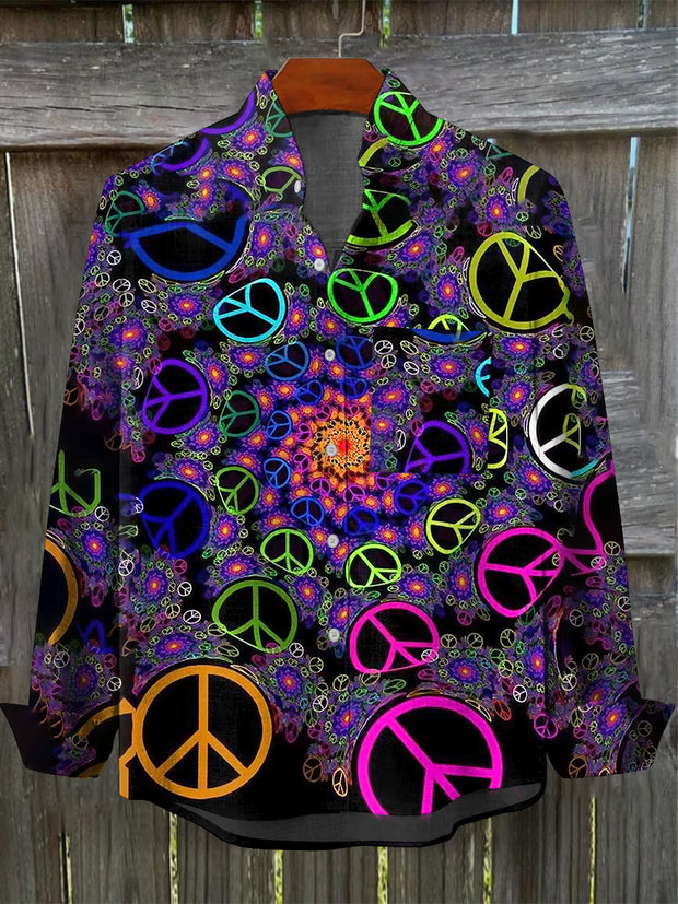 Men's Vintage Psychedelic Hippie Peace Art Print Pocket Long Sleeve Cotton Linen Shirt