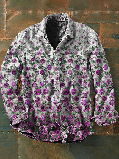 Men's Vintage Punk Floral Art Print Casual Long Sleeve Shirt