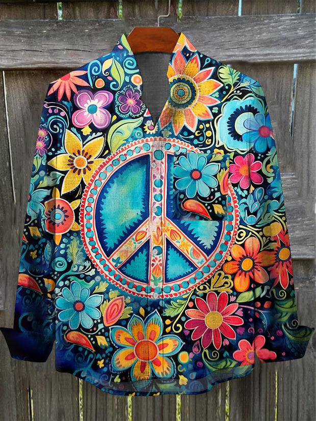 Men's Vintage Psychedelic Hippie Peace Art Print Pocket Long Sleeve Cotton Linen Shirt