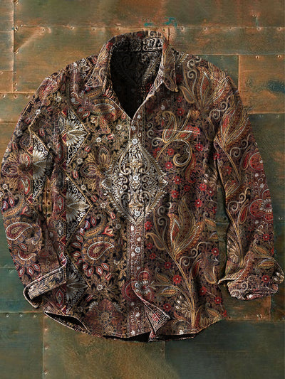 Men's Vintage Hippie Ethnic Floral Art Print Casual Long Sleeve Shirt