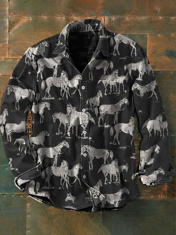 Men's  Vintage Western Horses Print Casual Long Sleeve Shirt