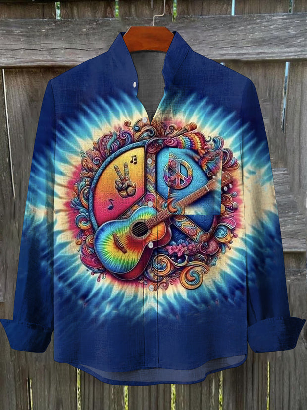 Men's Vintage Psychedelic Hippie Peace Guitar Art Print Pocket Long Sleeve Cotton Linen Shirt