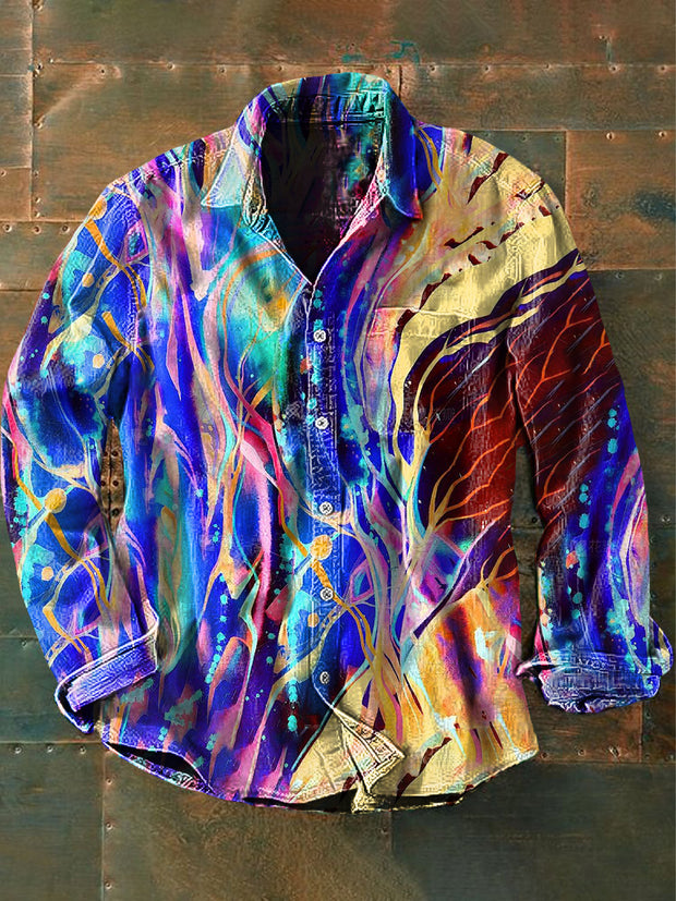 Unisex Men's Vintage Colorful Purple Abstract Print Casual Long Sleeve Shirt