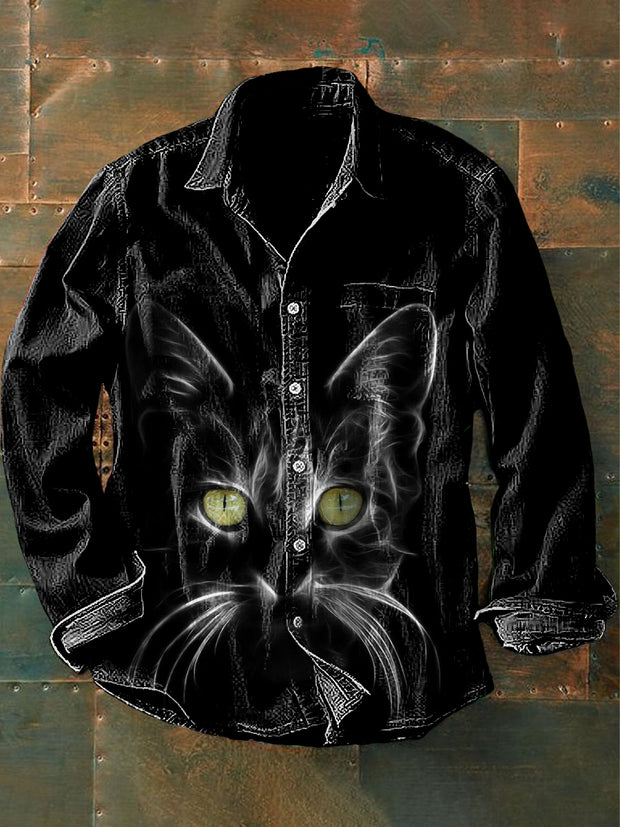 Men's Vintage Punk Dark Cat Art Print Casual Long Sleeve Shirt