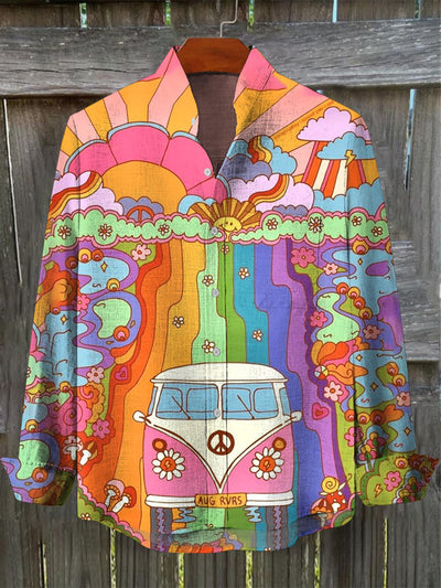 Men's Vintage Psychedelic Hippie Peace Car Art Print Pocket Long Sleeve Cotton Linen Shirt