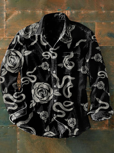 Men's Vintage Punk Dark Rose Snake Art Print Casual Long Sleeve Shirt