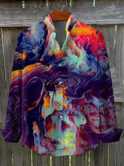 Unisex Men's Vintage Colorful Abstract Patterns Print Casual Cotton Pocket Long Sleeve Shirt