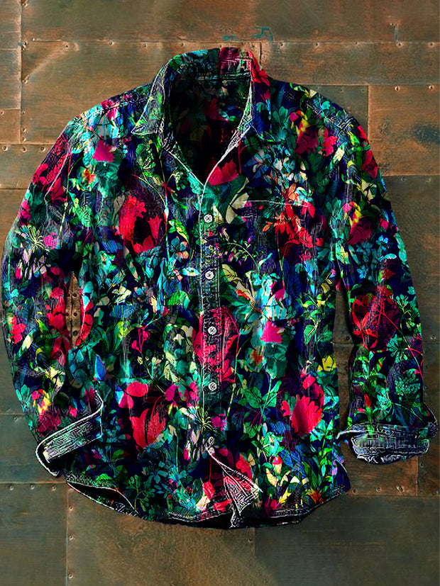 Men's Vintage Punk Hippie Colorful Flower Art Print Casual Long Sleeve Shirt