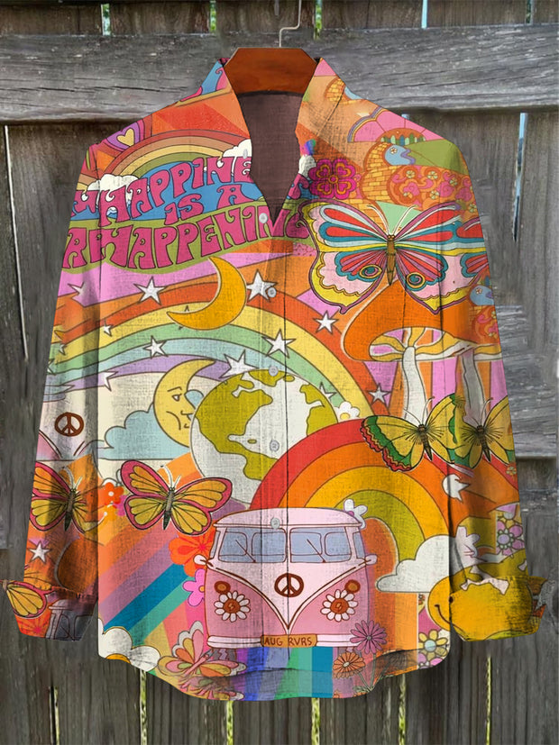 Men's Vintage Psychedelic Hippie Colorful Car Art Print Pocket Long Sleeve Cotton Linen Shirt