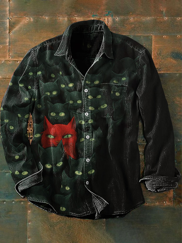 Men's Vintage Punk Dark Cat Art Print Casual Long Sleeve Shirt