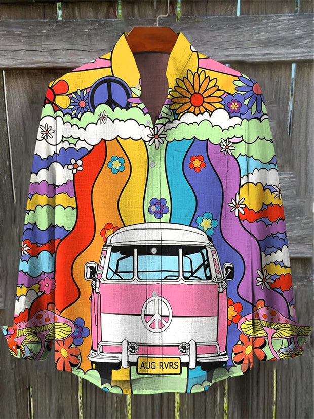 Men's Vintage Psychedelic Hippie Colorful Car Art Print Pocket Long Sleeve Cotton Linen Shirt