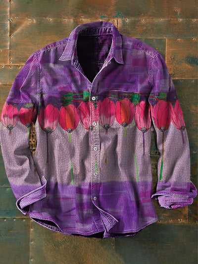 Men's  Vintage Purple Tulips Print Casual Long Sleeve Shirt