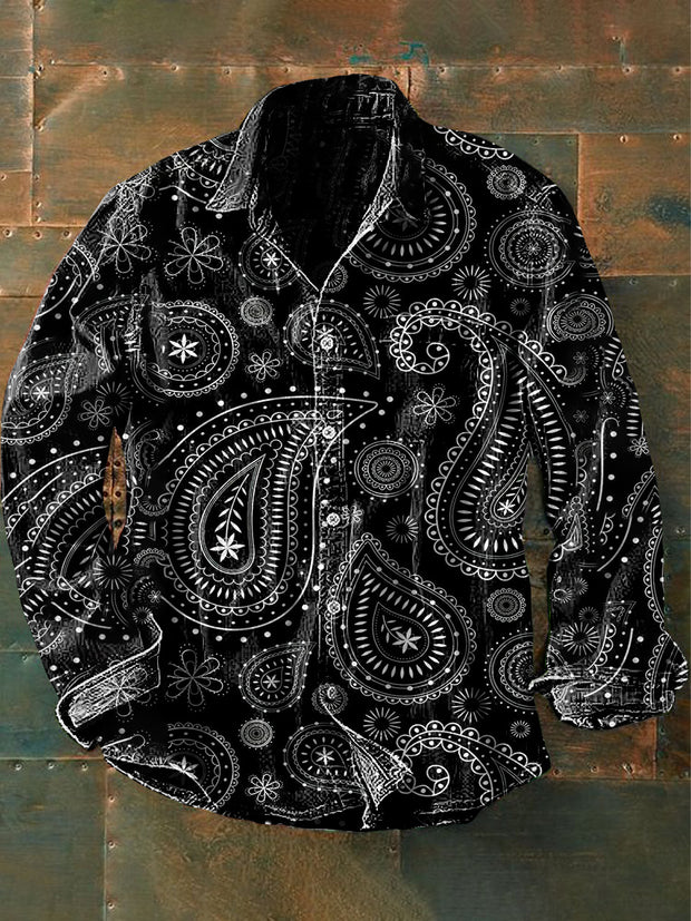 Men's Vintage Punk Hippie Floral Art Print Casual Long Sleeve Shirt