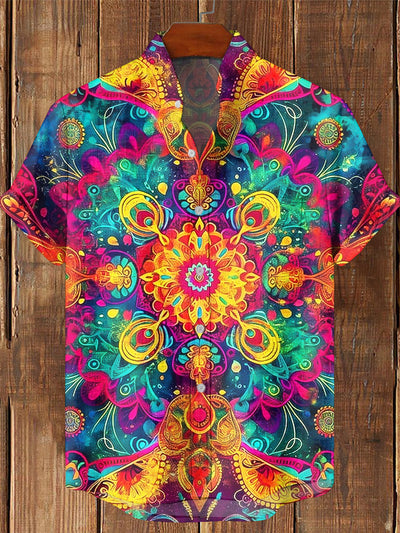 Men's Vintage Psychedelic Hippie Art  Art Printed Casual Cotton Short Sleeve Shirt