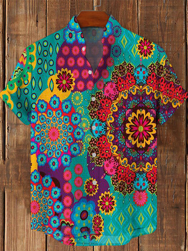 Men's Vintage Psychedelic Hippie Art  Art Printed Casual Cotton Short Sleeve Shirt