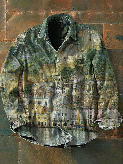 Men's  Vintage Marchesiene Lake Garda Abstraction Print Casual Long Sleeve Shirt