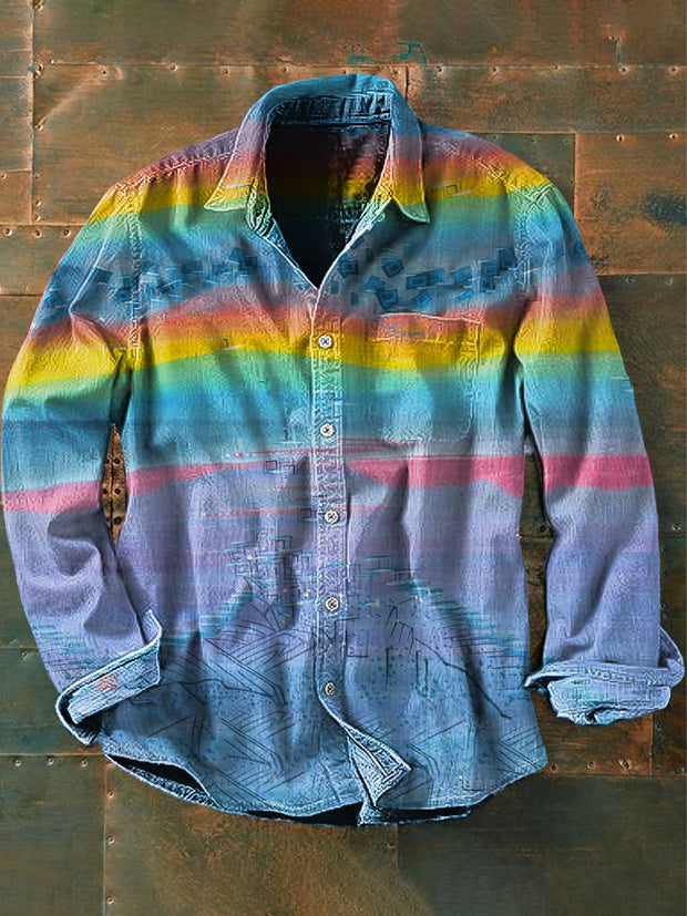 Unisex Men's Vintage Gradient Iridescent Abstract Print Casual Long Sleeve Shirt