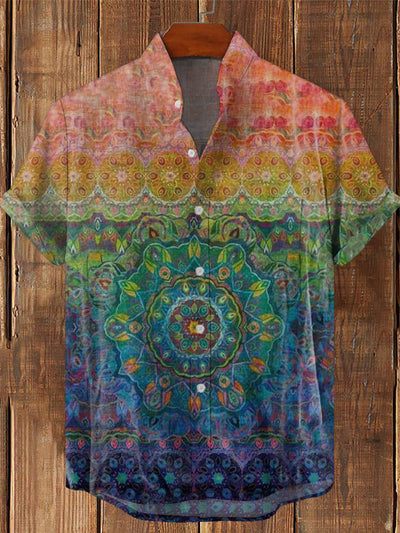 Men's Vintage Hippie Colorful Gradient Mandala Art Printed Casual Cotton Short Sleeve Shirt