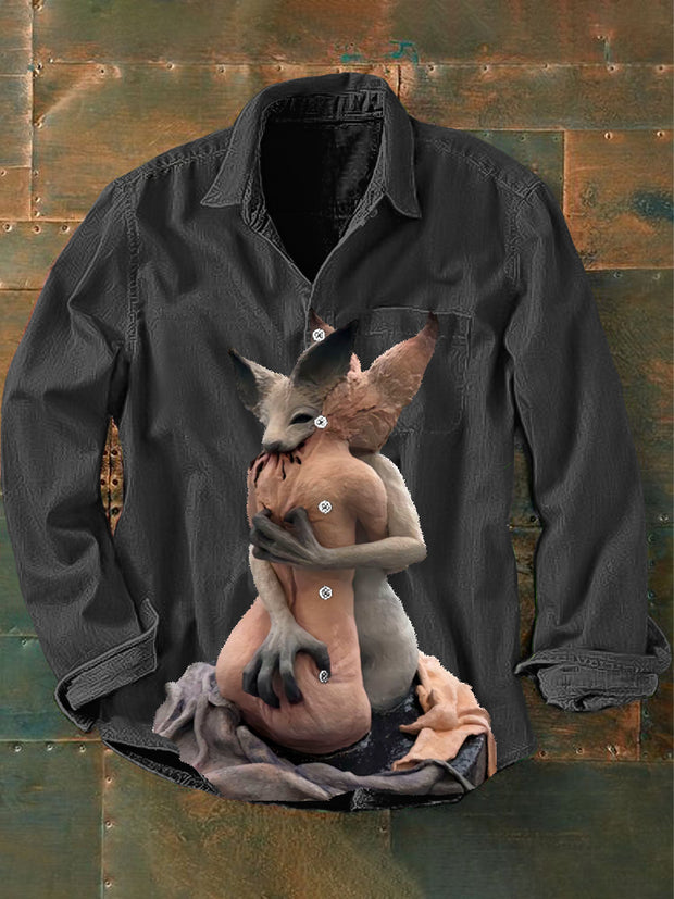 Men's Vintage Punk Fox Statue Humanity Art Print Casual Long Sleeve Shirt