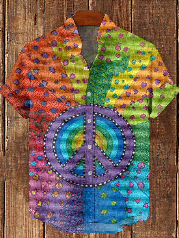 Men's Vintage Hippie Colorful Peace Art Printed Casual Cotton Short Sleeve Shirt